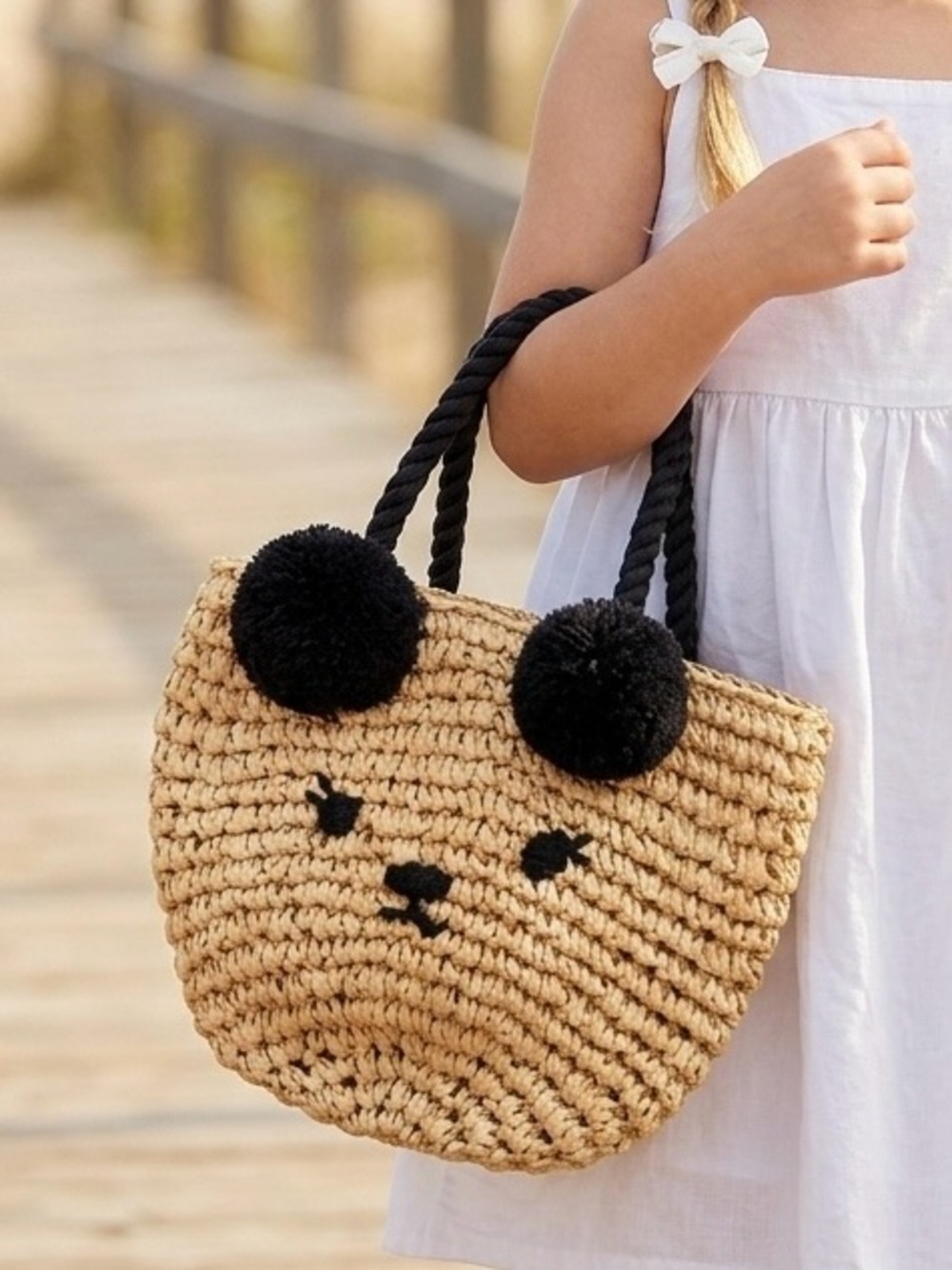🌈6/$10 Woven Straw Bear Pom Pom Mini Tote Bag Old Navy Kids